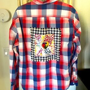 Large gap, red, white and blue checkered, button-down shirt